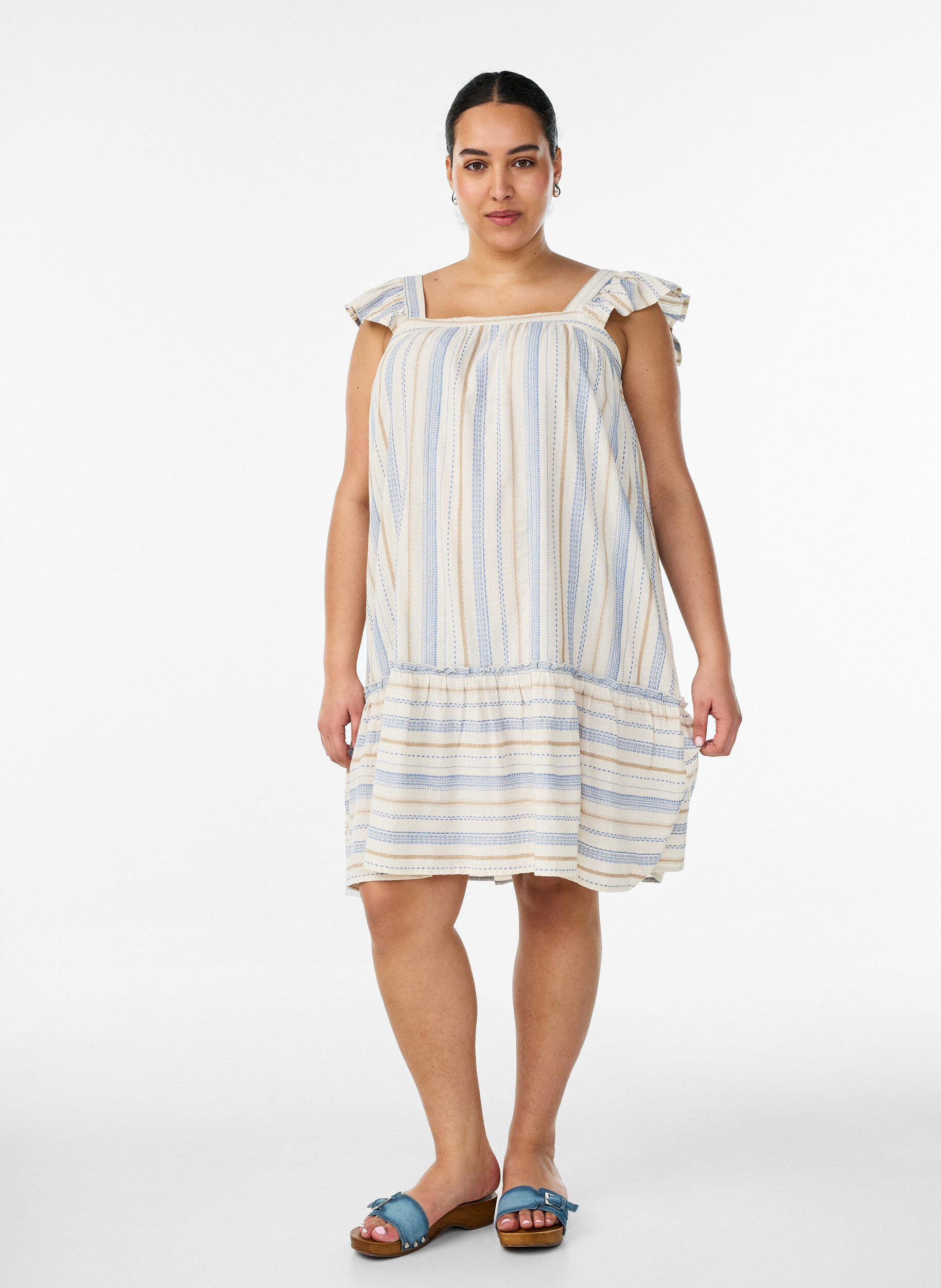 Zizzifashion Sleeveless summer dress with a woven pattern, Vanilla, Model image number 1