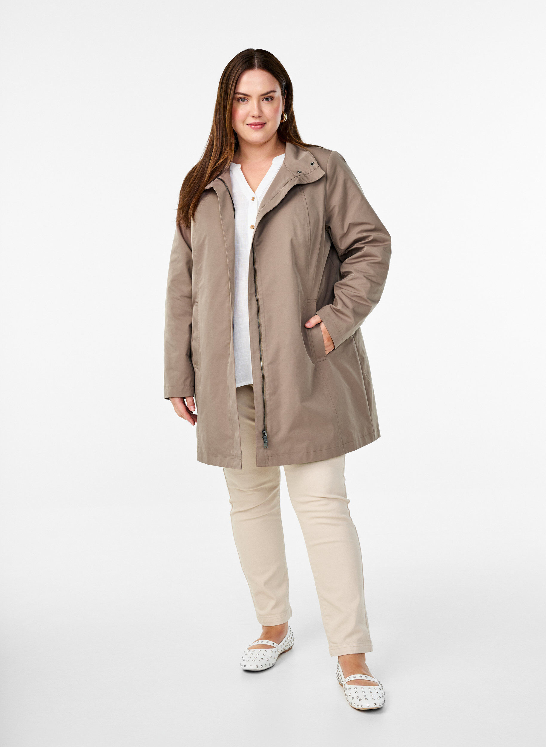 Zizzifashion Jacket with pockets and high collar, Brown, Model image number 1