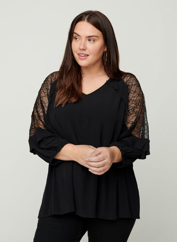 Viscose blouse with lace and 3/4 length sleeves, Black, Model image number 0
