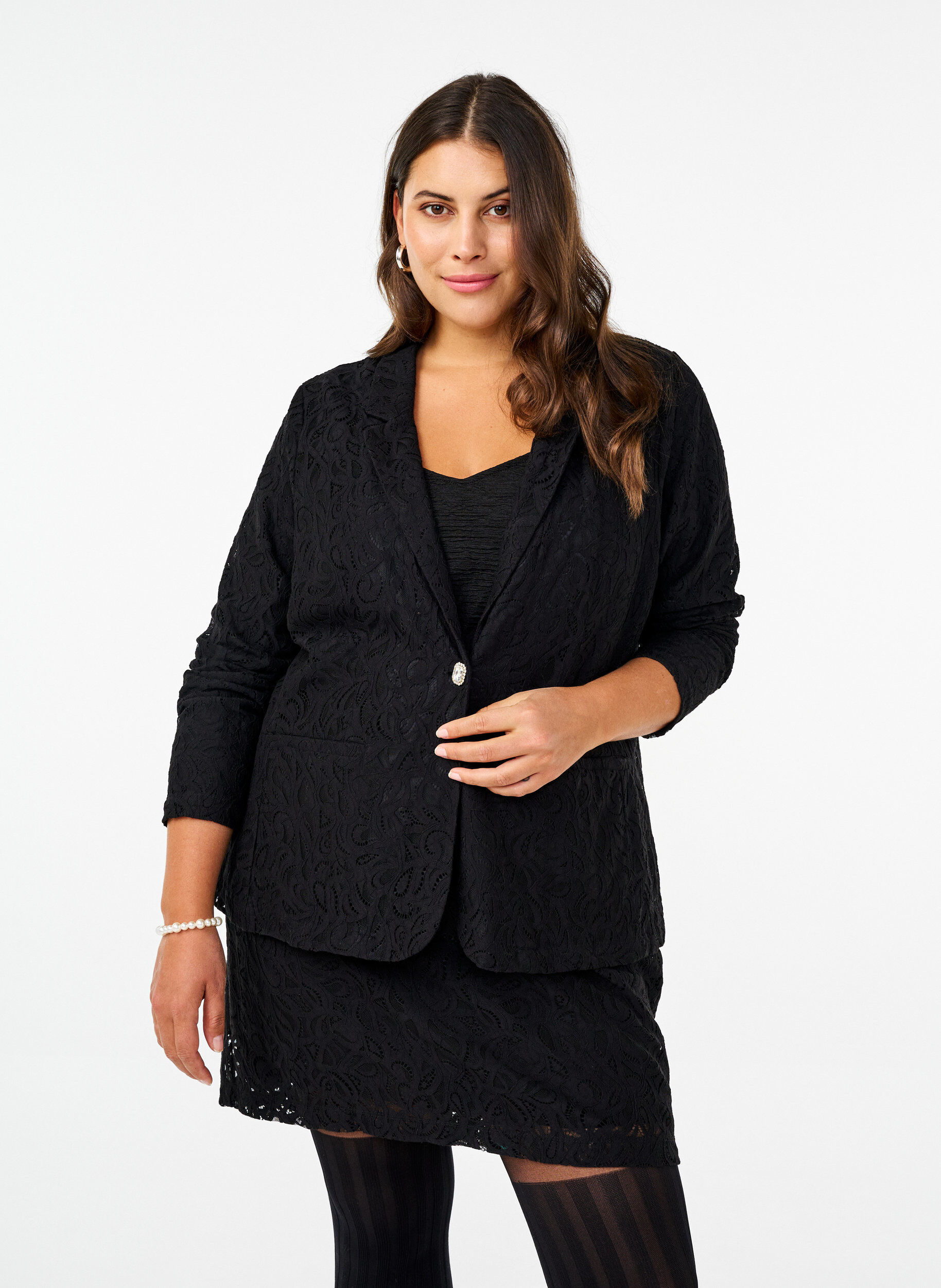 Zizzifashion Lace blazer with pockets, Black, Model image number 0