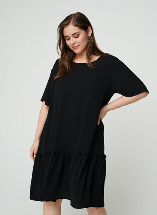 Short dress with ruffled hem, Black, Model image number 0