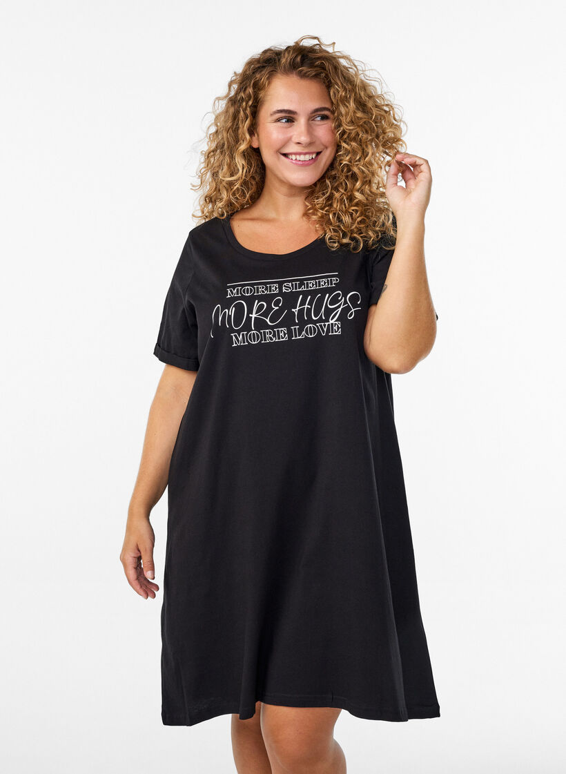 Short-sleeved nightgown in organic cotton, Black, Model image number 0