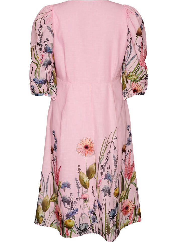 Midi dress with an empire line and floral print, Pink, Packshot