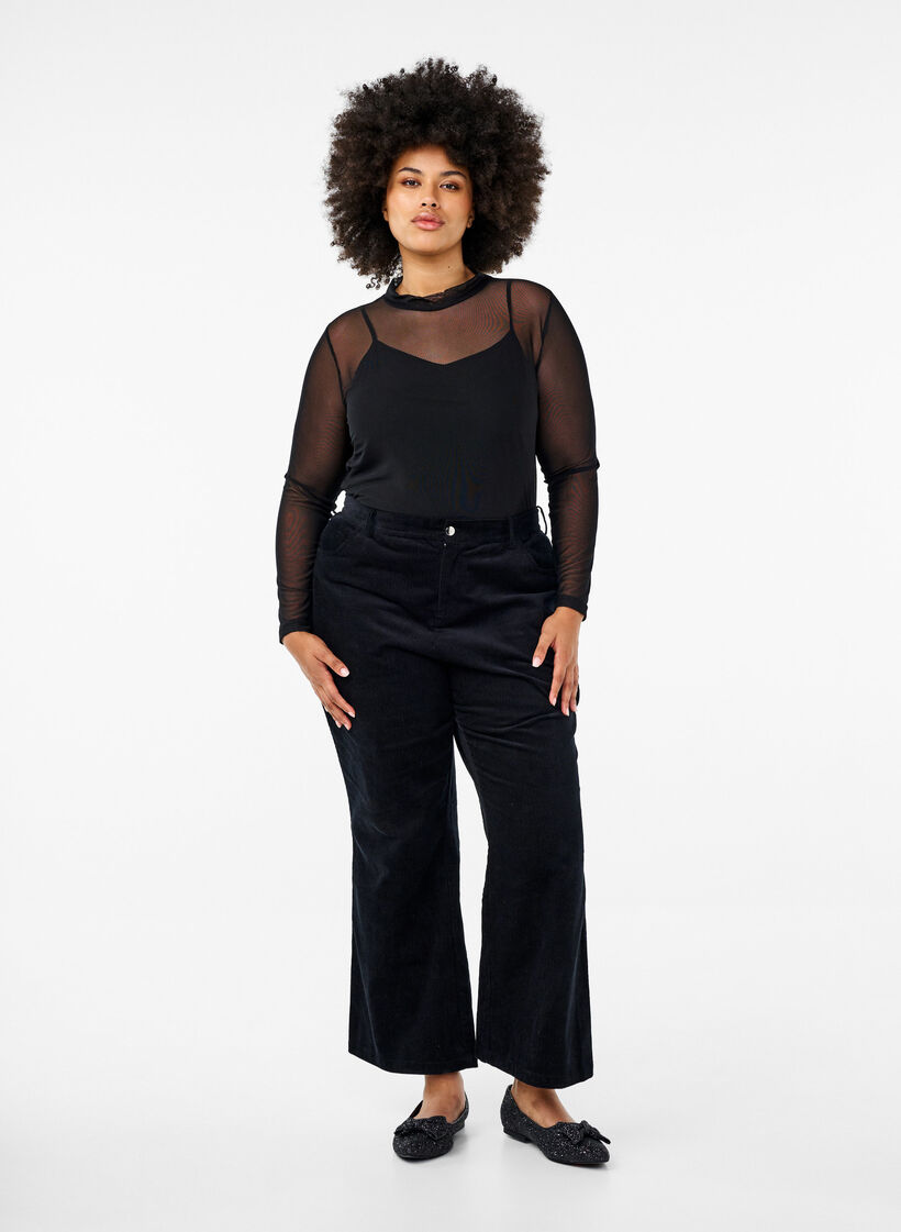 Fitted mesh blouse with long sleeves, Black, Model image number 1