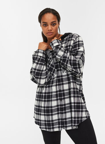 Checked shirt jacket with hood, Black/White Check, Model image number 0