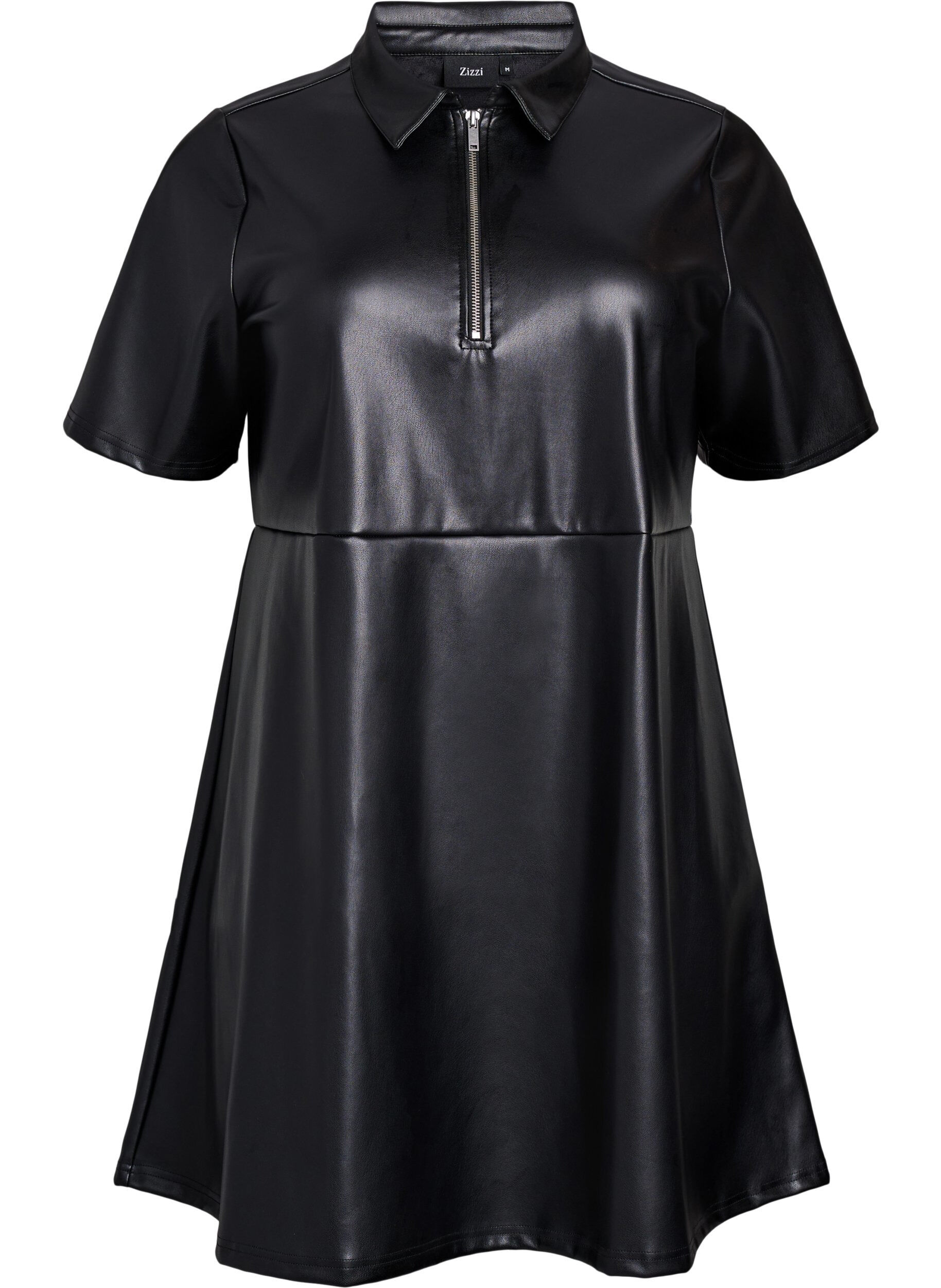 Zizzifashion Short dress in faux leather with an A-line shape, Black, Packshot image number 0