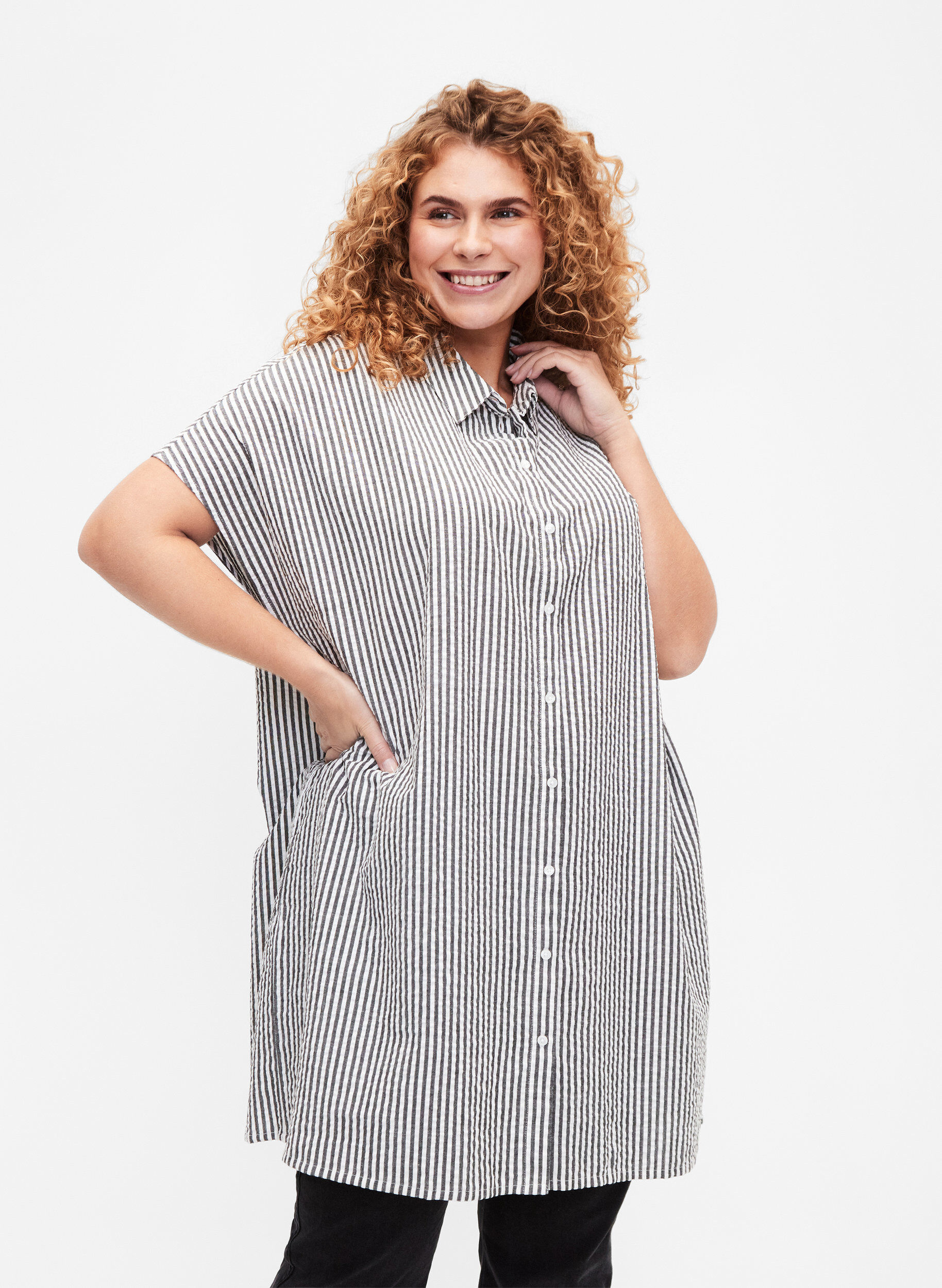 Zizzifashion Long striped cotton shirt, Black, Model image number 0