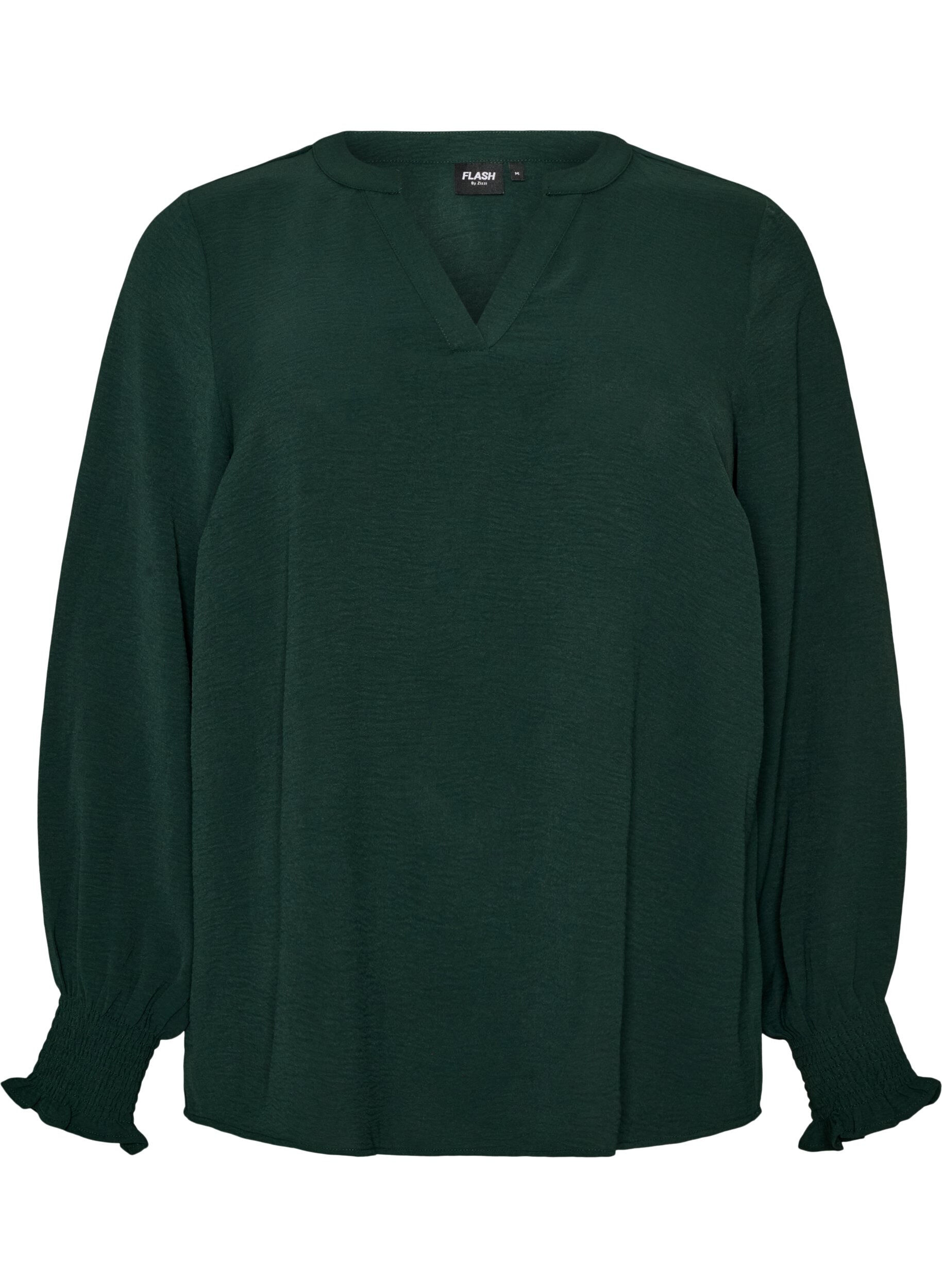 ZizzifashionBlouse with smock cuffs and V-neck, Green, Packshot image number 0