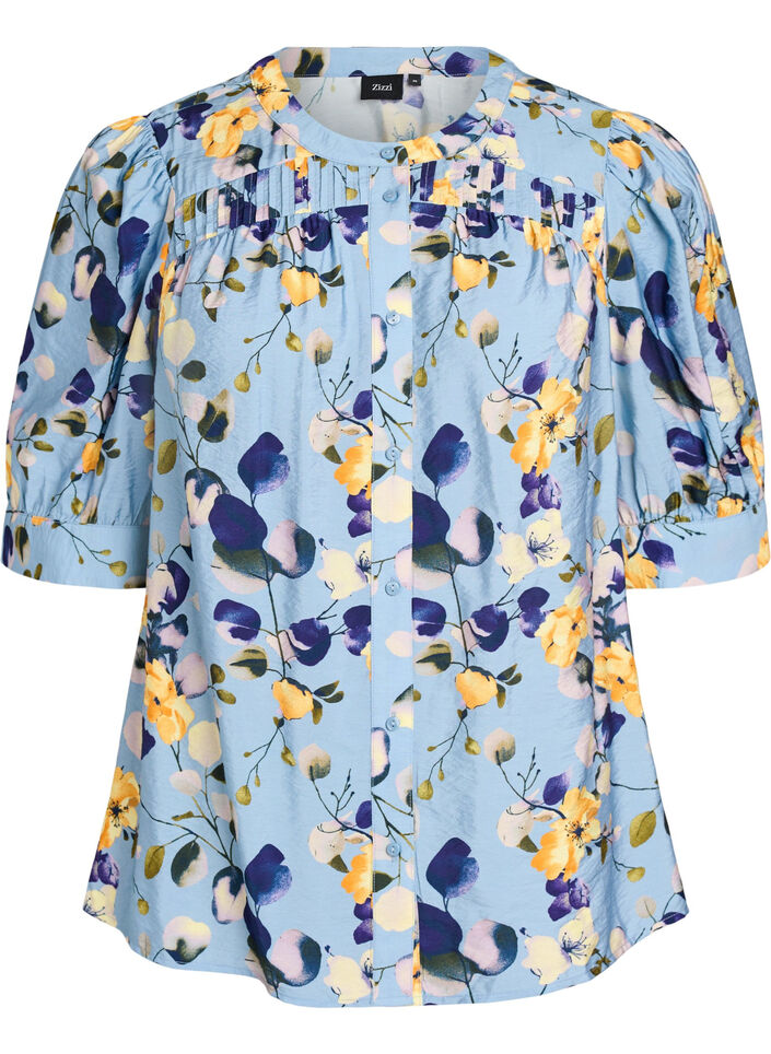 Patterned shirt blouse with 1/2 sleeves, Light Blue, Packshot image number 0