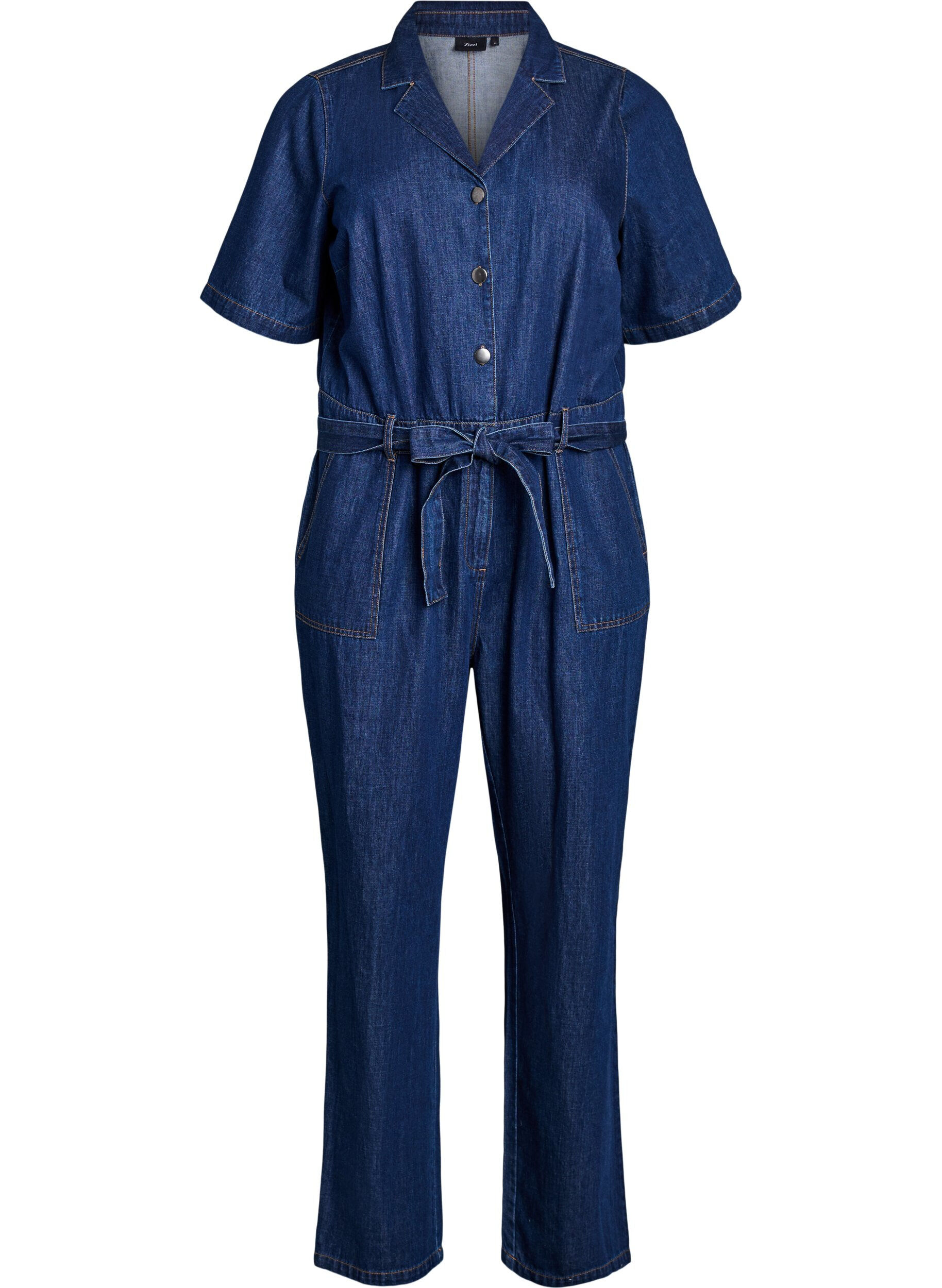 Zizzifashion Denim jumpsuit with short sleeves and a tie belt, Blue, Packshot image number 0