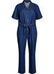 Denim jumpsuit with short sleeves and a tie belt, Blue, Packshot image number 0