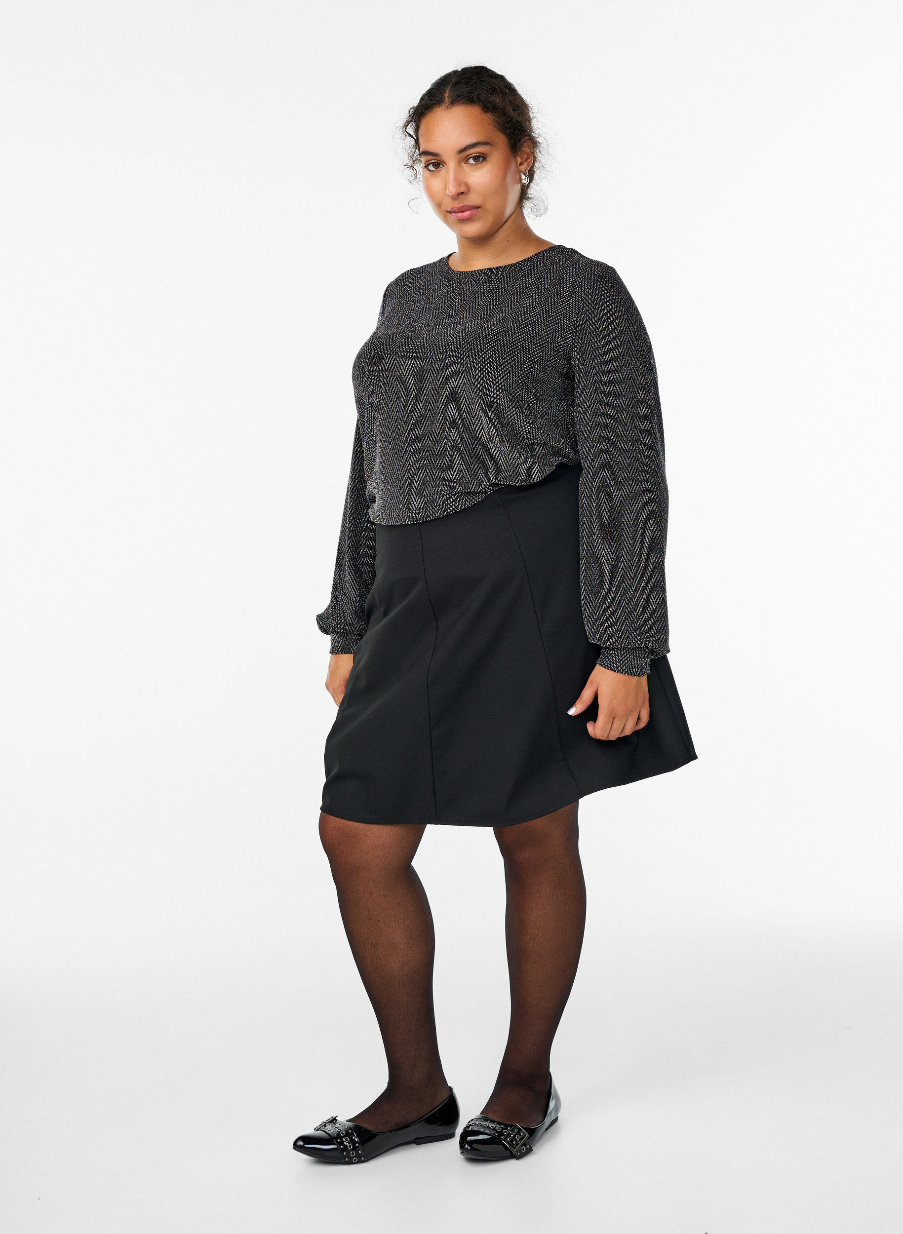 ZizzifashionBlouse with herringbone pattern and glitter thread, Black, Model image number 1