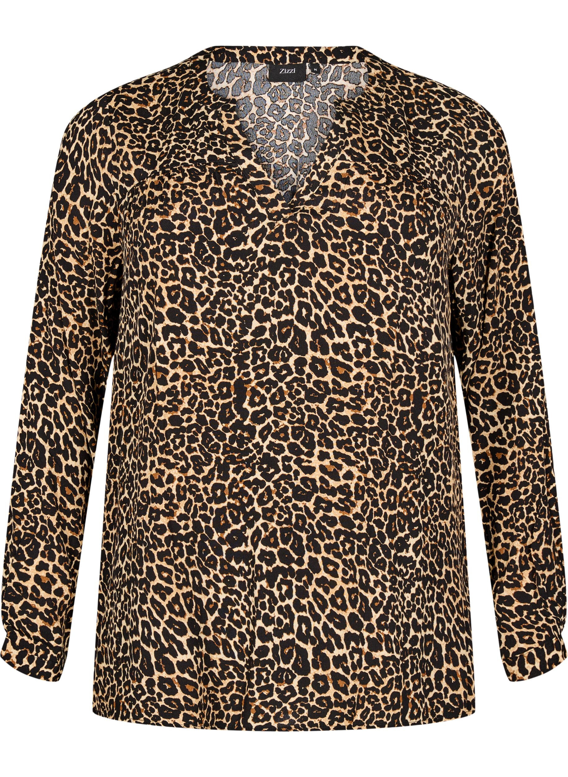 Long-sleeved blouse with leopard print and V-neck
