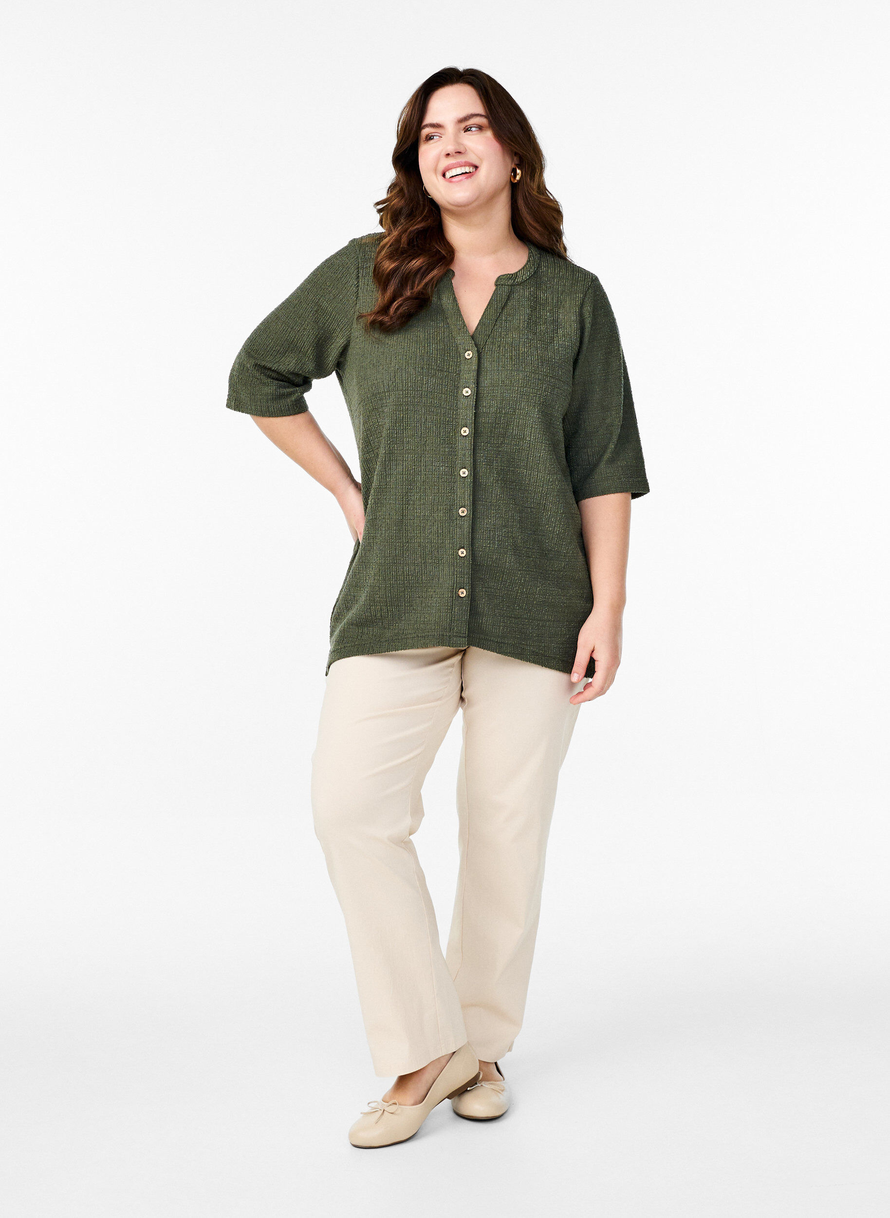 Zizzifashion Structured blouse with V-neckline, Thyme, Model image number 2