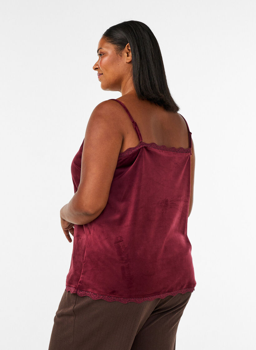Velour top with lace trim, Red, Model image number 2