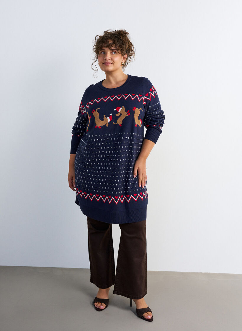 Short knitted dress with Christmas motif, Blue, Model image number 1