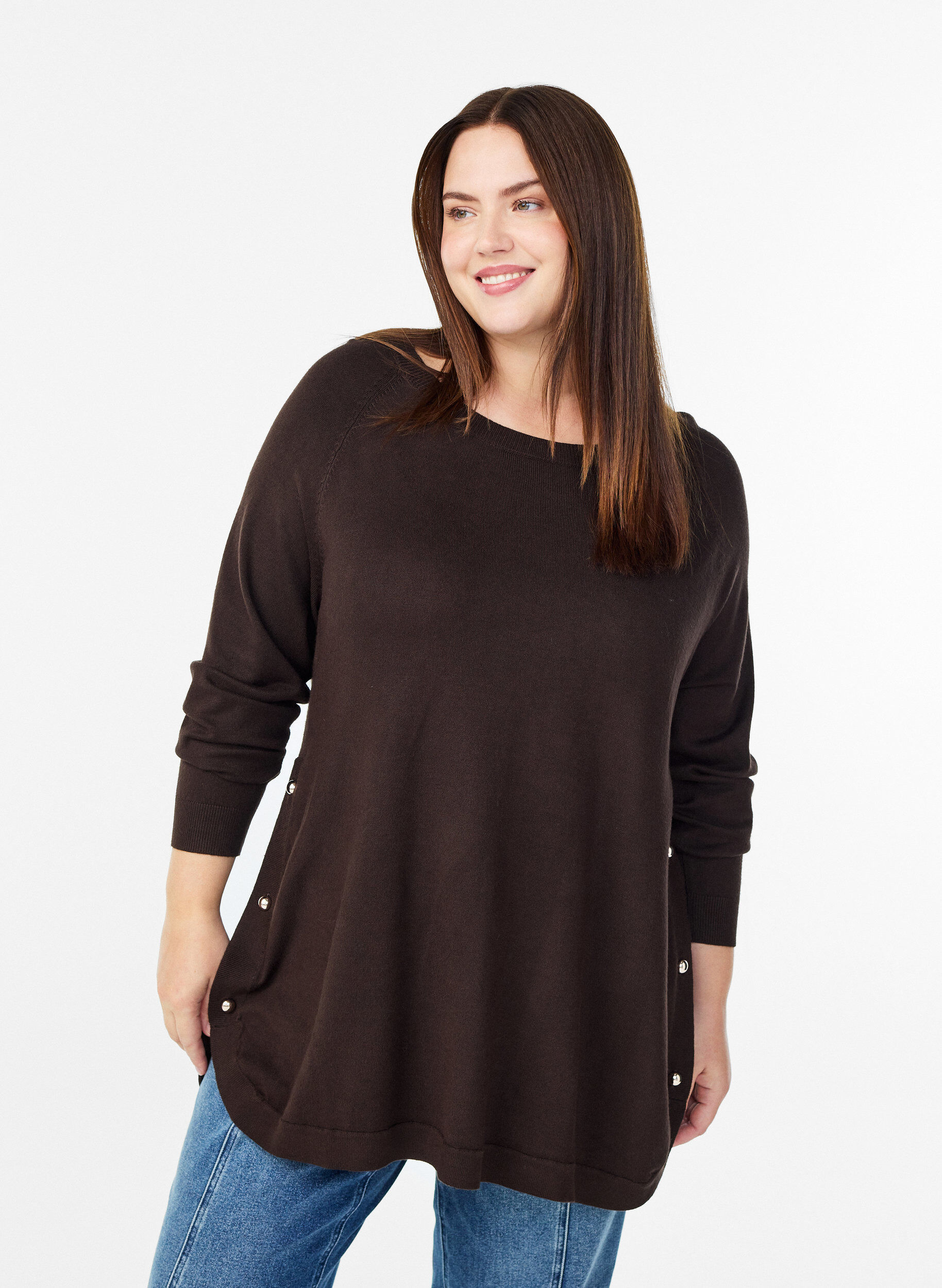 ZizzifashionKnitted blouse with side buttons, Brown, Model image number 0