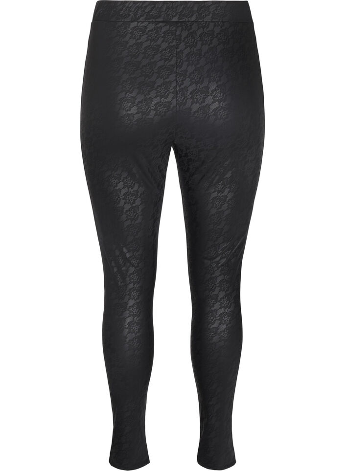 Faux leather leggings with lace texture, Black, Packshot image number 1