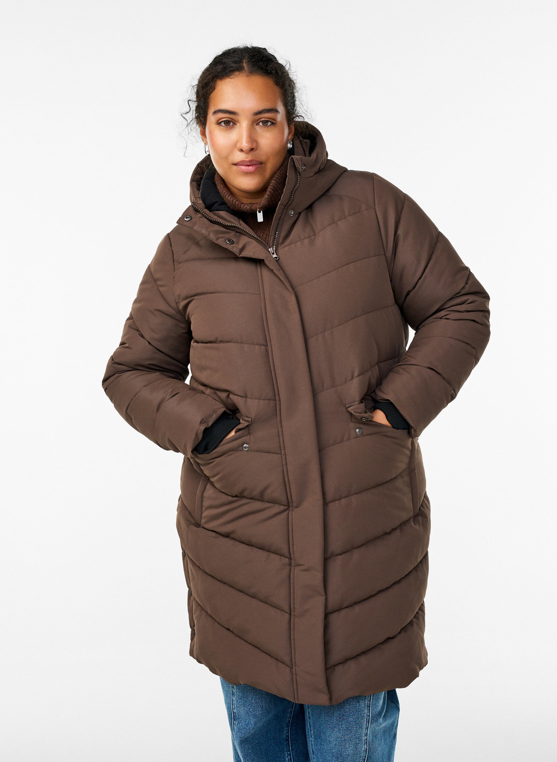 Hooded quilted winter coat, Brown, Model
