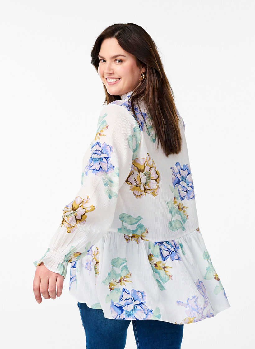 Pleated tunic with long sleeves and floral print, White, Model image number 2
