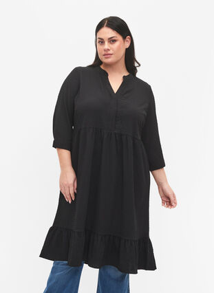 Plain midi dress with 3/4 sleeves, Black, Model image number 0