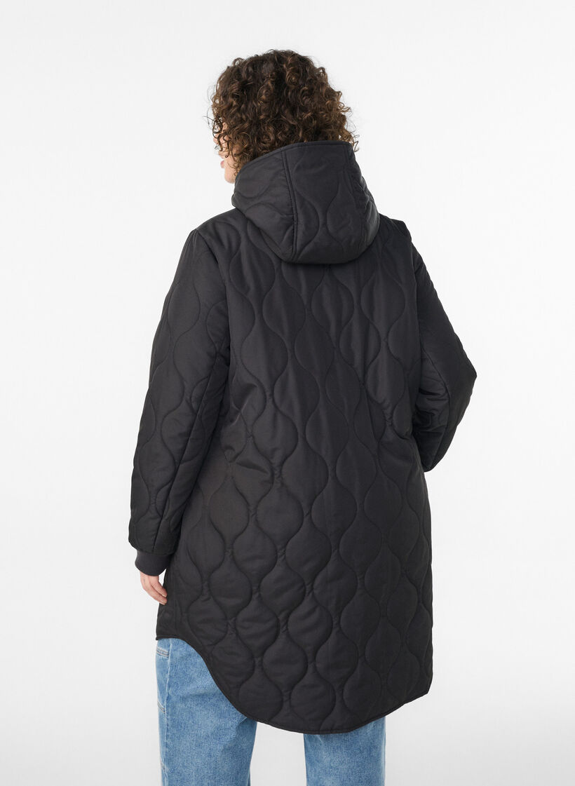 Mid-length quilted jacket with a hood, Black, Model image number 2