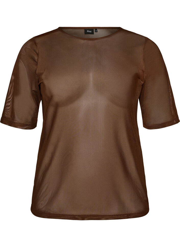 Mesh top with short sleeves and round neck, Brown, Packshot image number 0