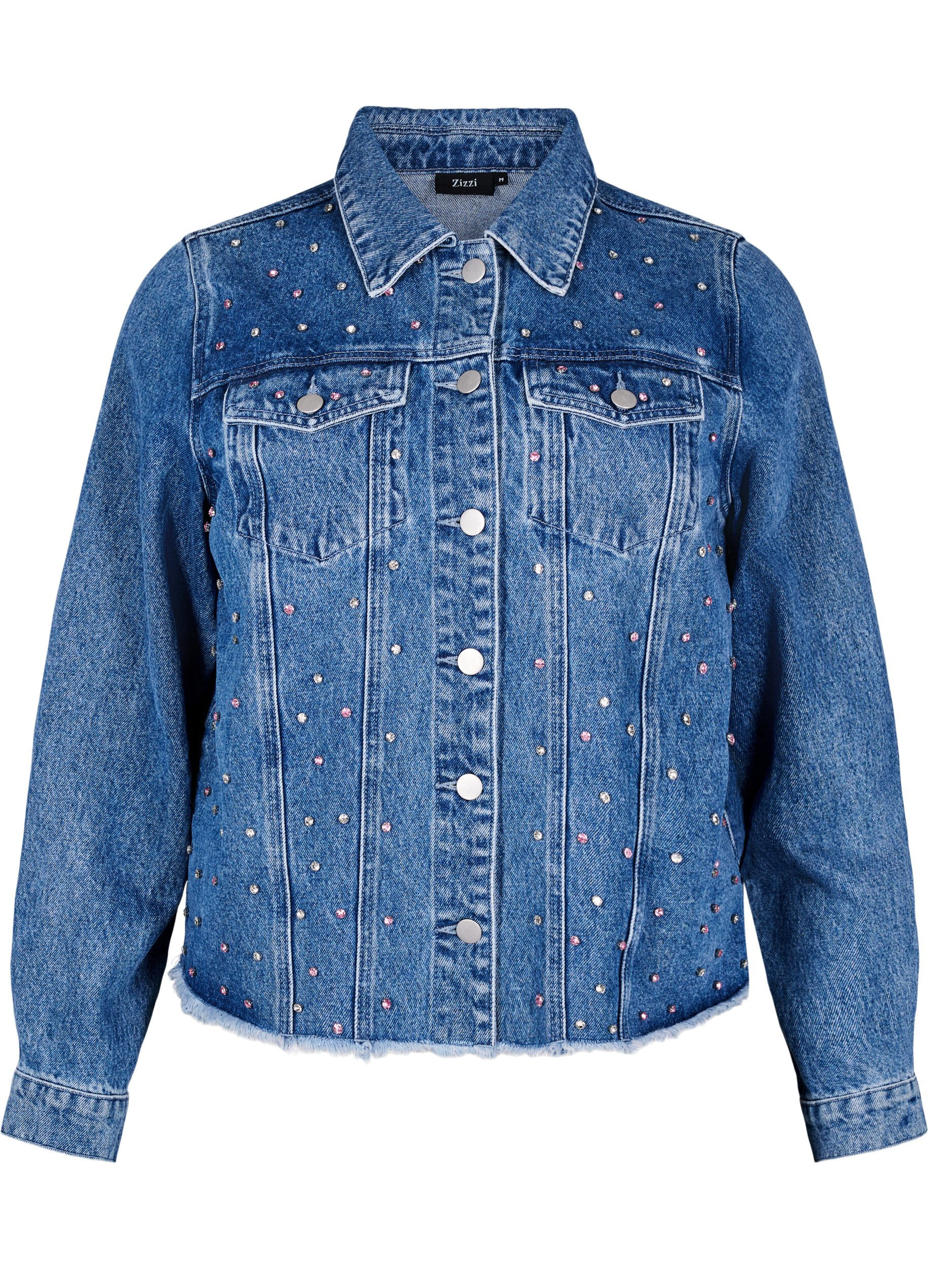 Zizzifashion Denim jacket with rhinestones and a raw hem, Blue, Packshot image number 0