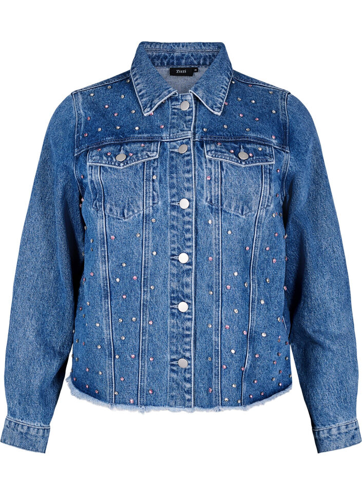 Denim jacket with rhinestones and a raw hem, Blue, Packshot image number 0