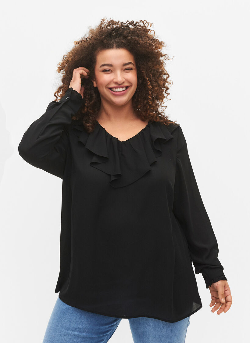 Long sleeve ruffle blouse, Black, Model image number 0