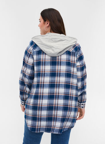 Checked shirt jacket with hood, Blue White Check, Model image number 1