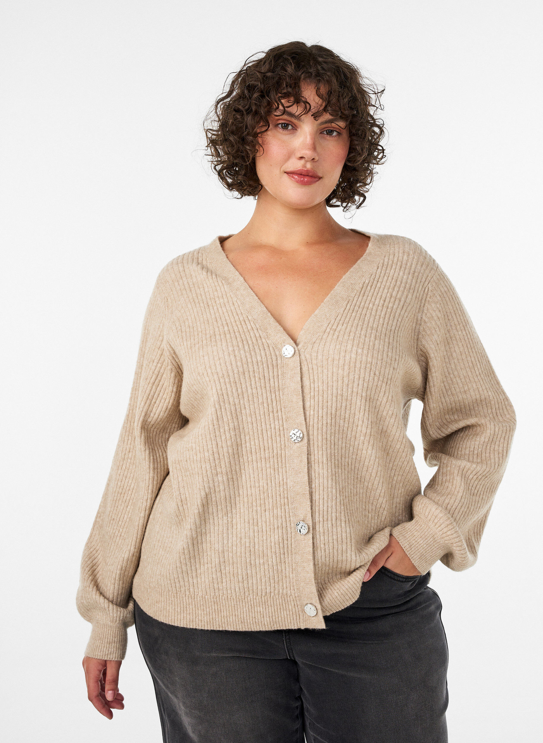 ZizzifashionCardigan with V-neck and ribbed texture, Beige, Model image number 0