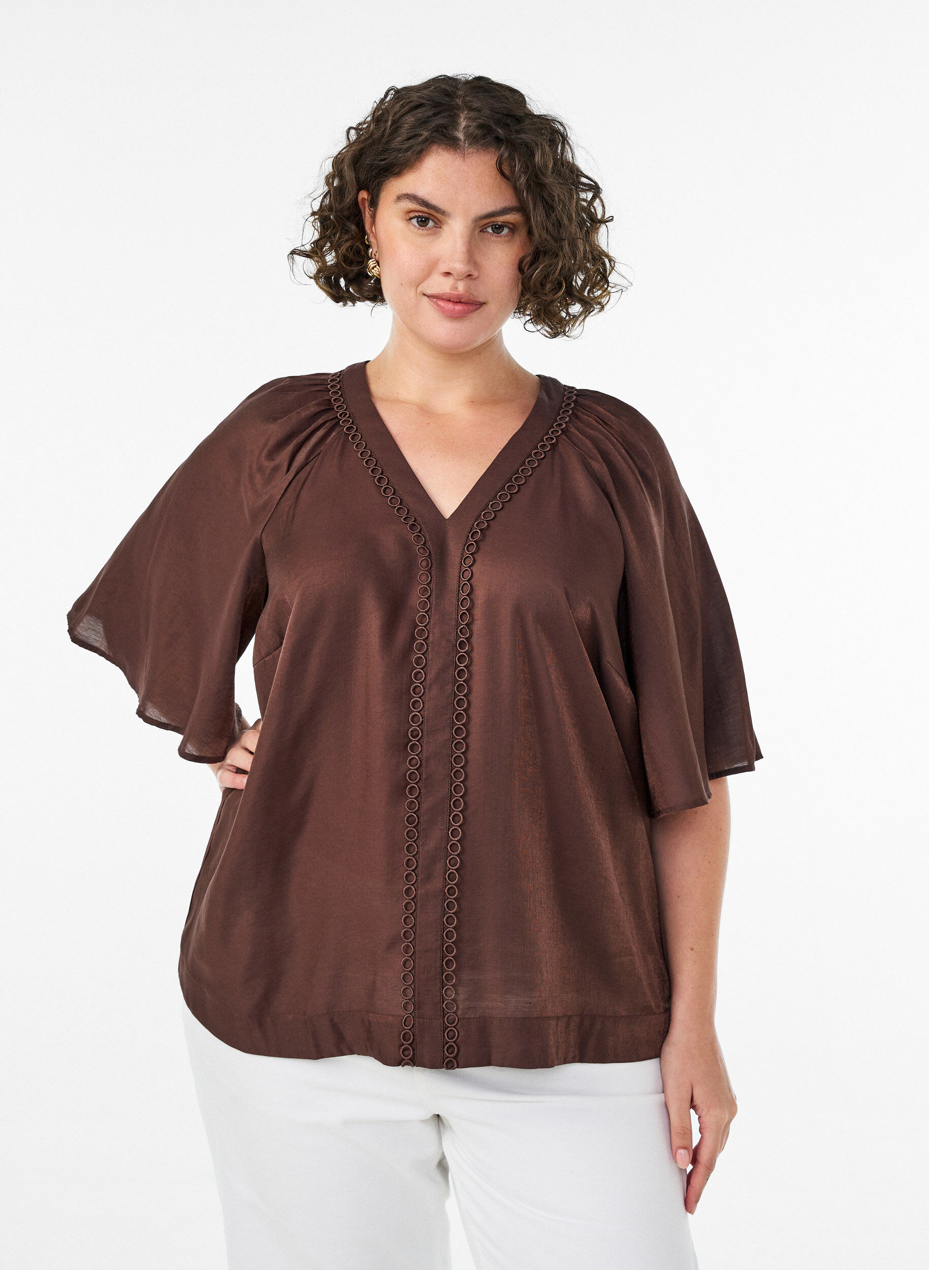 Zizzifashion Viscose blouse with V-neck and decorative details, Brown, Model image number 0