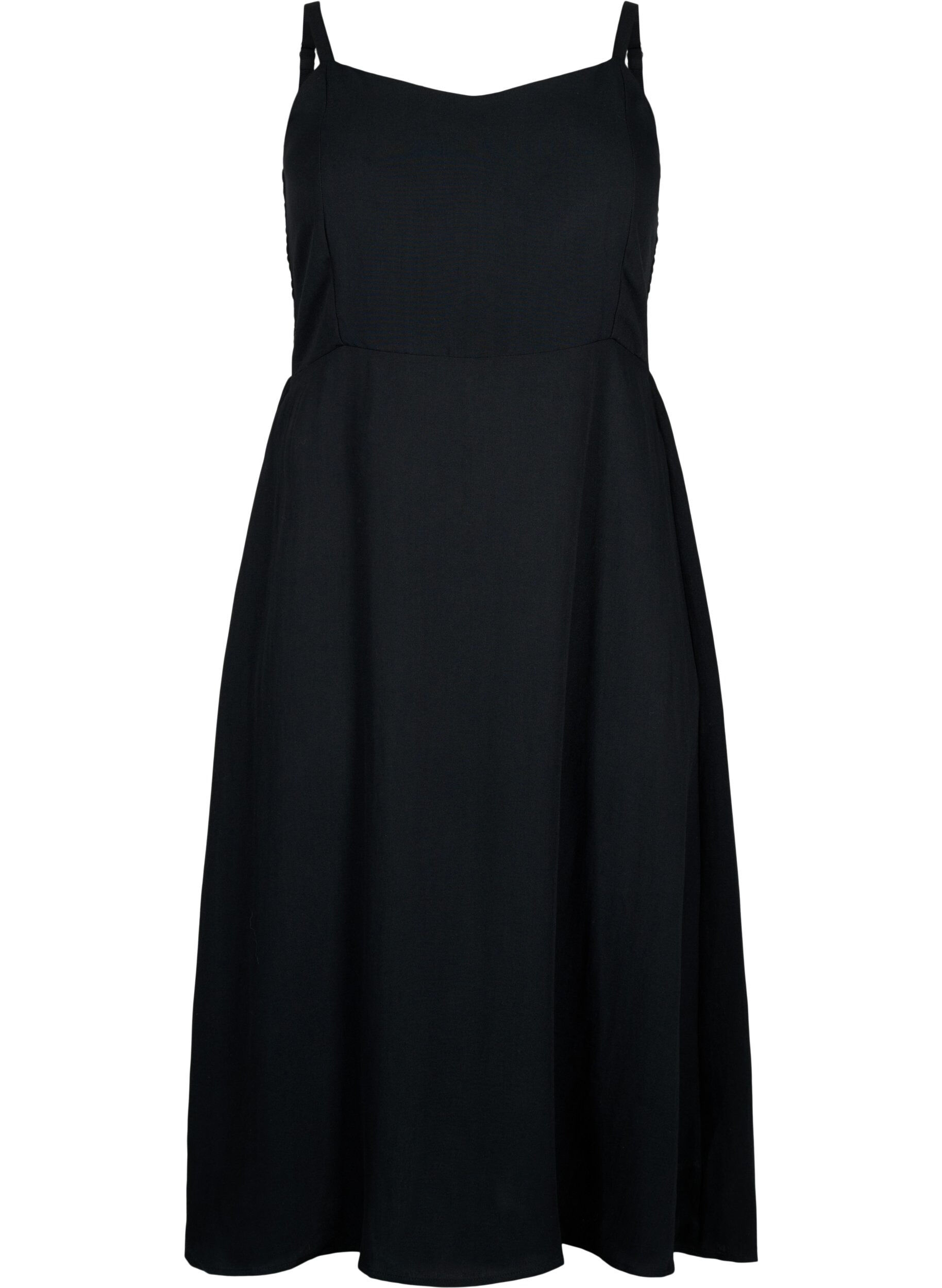 Zizzifashion Plain coloured viscose strap dress with smock, Black, Packshot image number 0