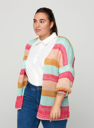 Knitted cardigan with stripes and lurex, Pink Comb, Model image number 0