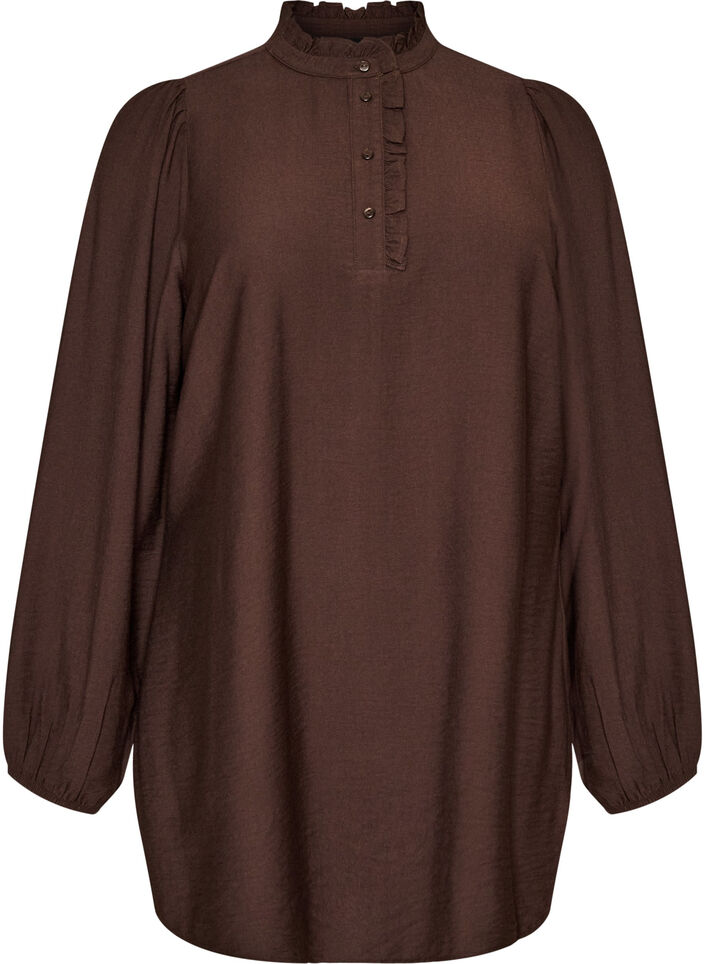 Viscose tunic with ruffles and buttons, Brown, Packshot image number 0