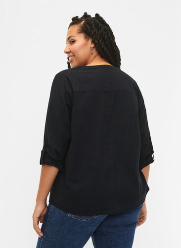 Cotton shirt blouse with v-neck, Black, Model image number 1