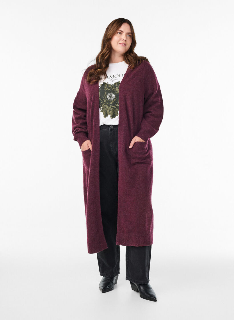 Long knit cardigan with pockets, Red, Model image number 0