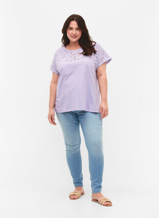 Loose t-shirt with embroidery anglaise, Lavender, Model image number 1