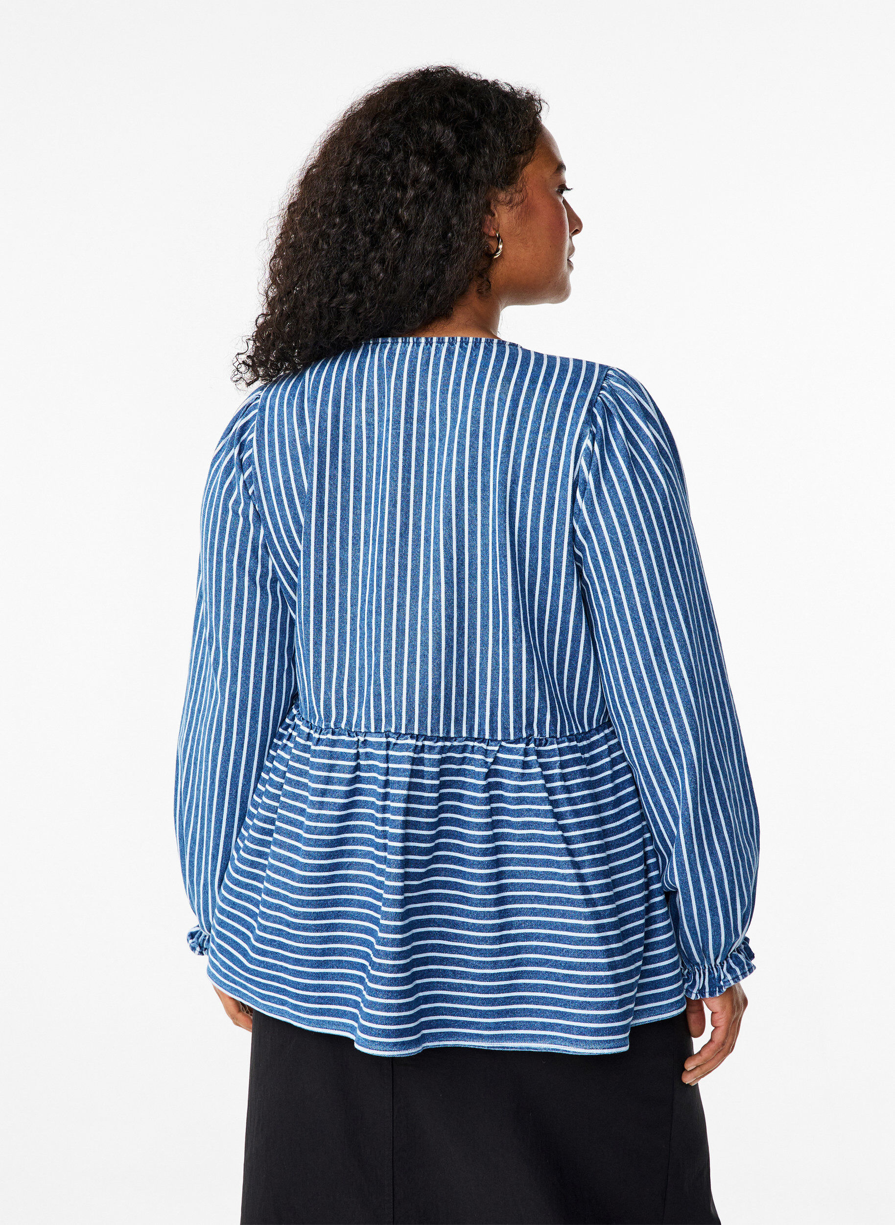 Zizzifashion Striped denim blouse with front tie, Blue, Model image number 2