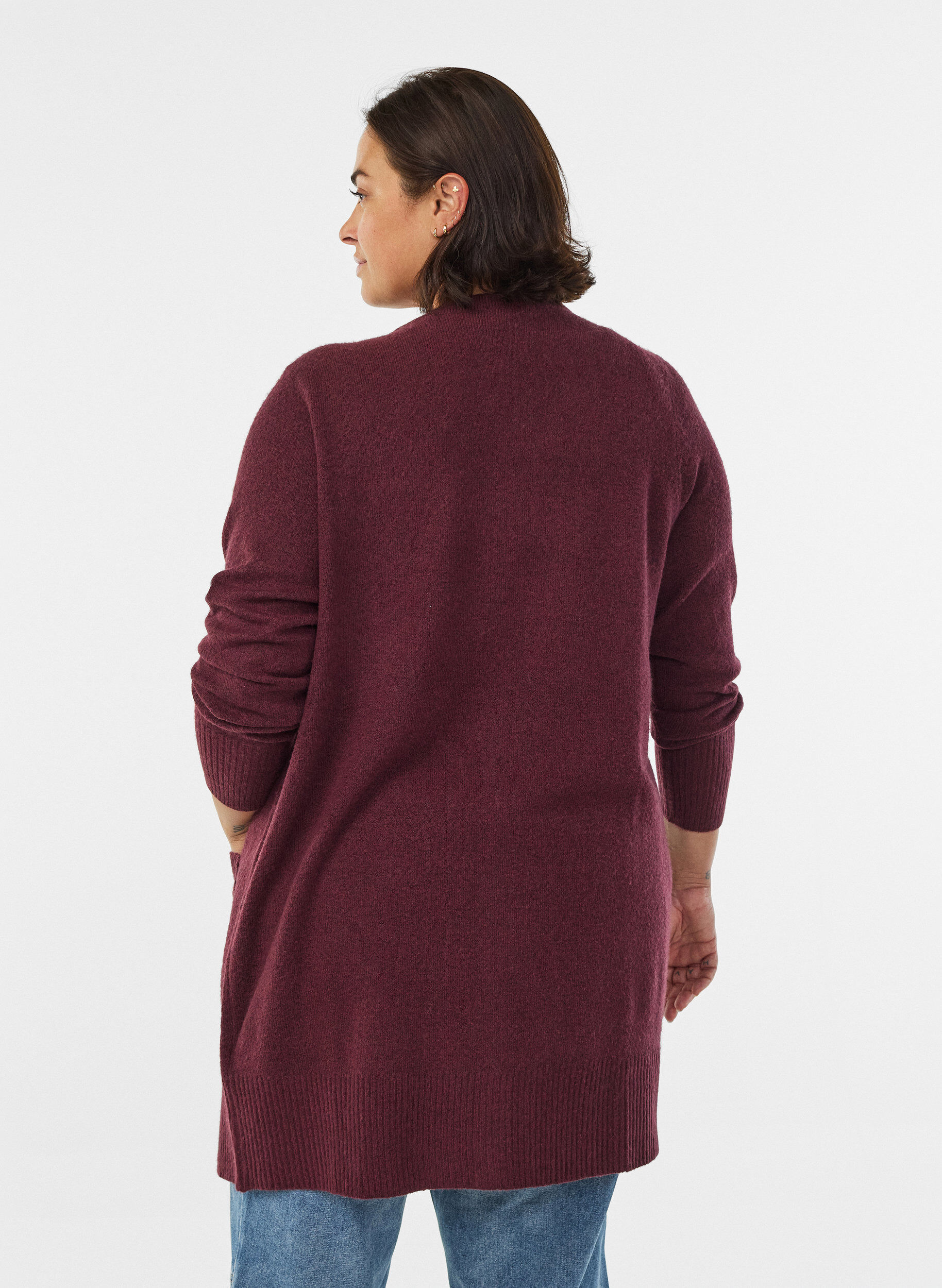 Zizzifashion Ribbed Knit Cardigan with Pockets, Dark Bordeaux, Model image number 2