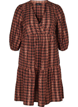 Checked cotton dress with a V-neck, Cocoa brown CHECK , Packshot image number 0