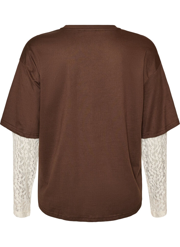Loose t-shirt with long lace sleeves, Brown, Packshot image number 1