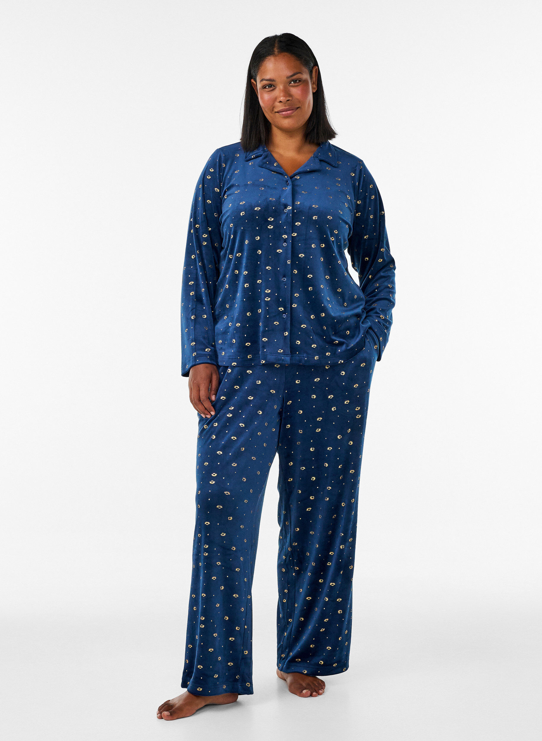 ZizzifashionVelour pyjama shirt with an all-over print, Blue, Model image number 1