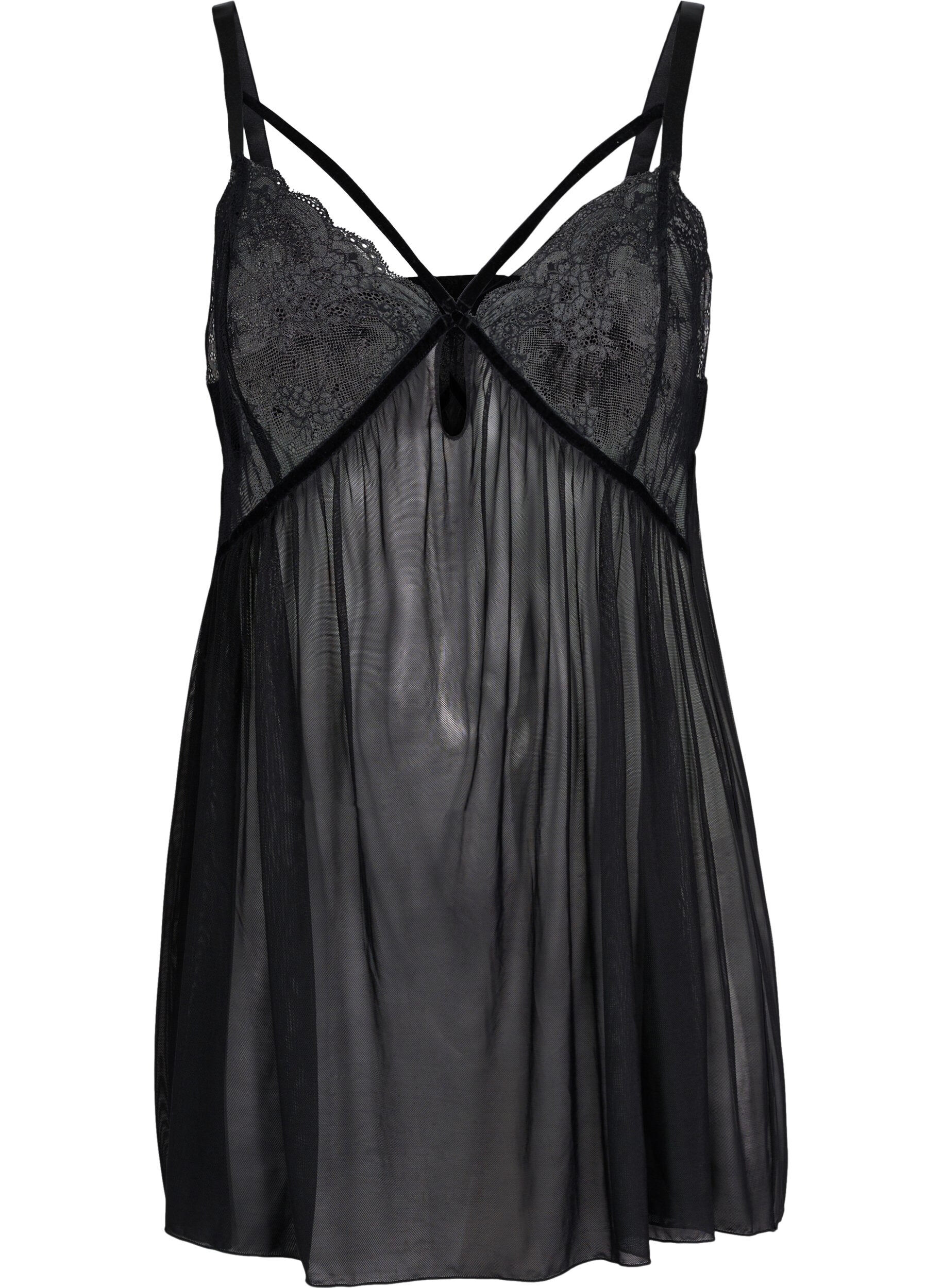 Zizzifashion Transparent chemise with lace, Black, Packshot image number 0