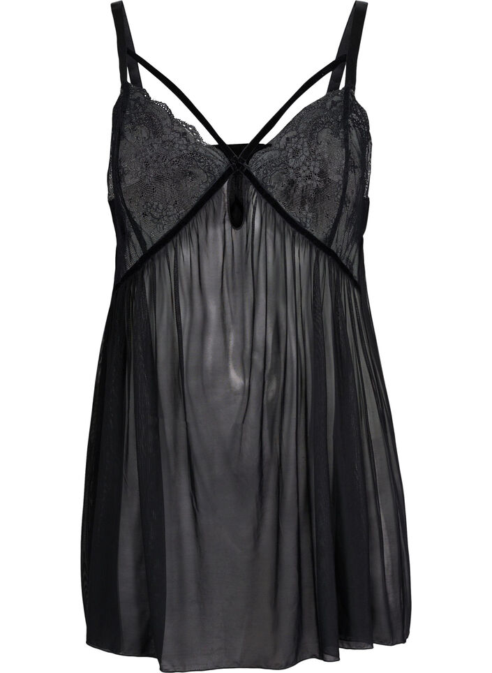 Transparent chemise with lace, Black, Packshot image number 0