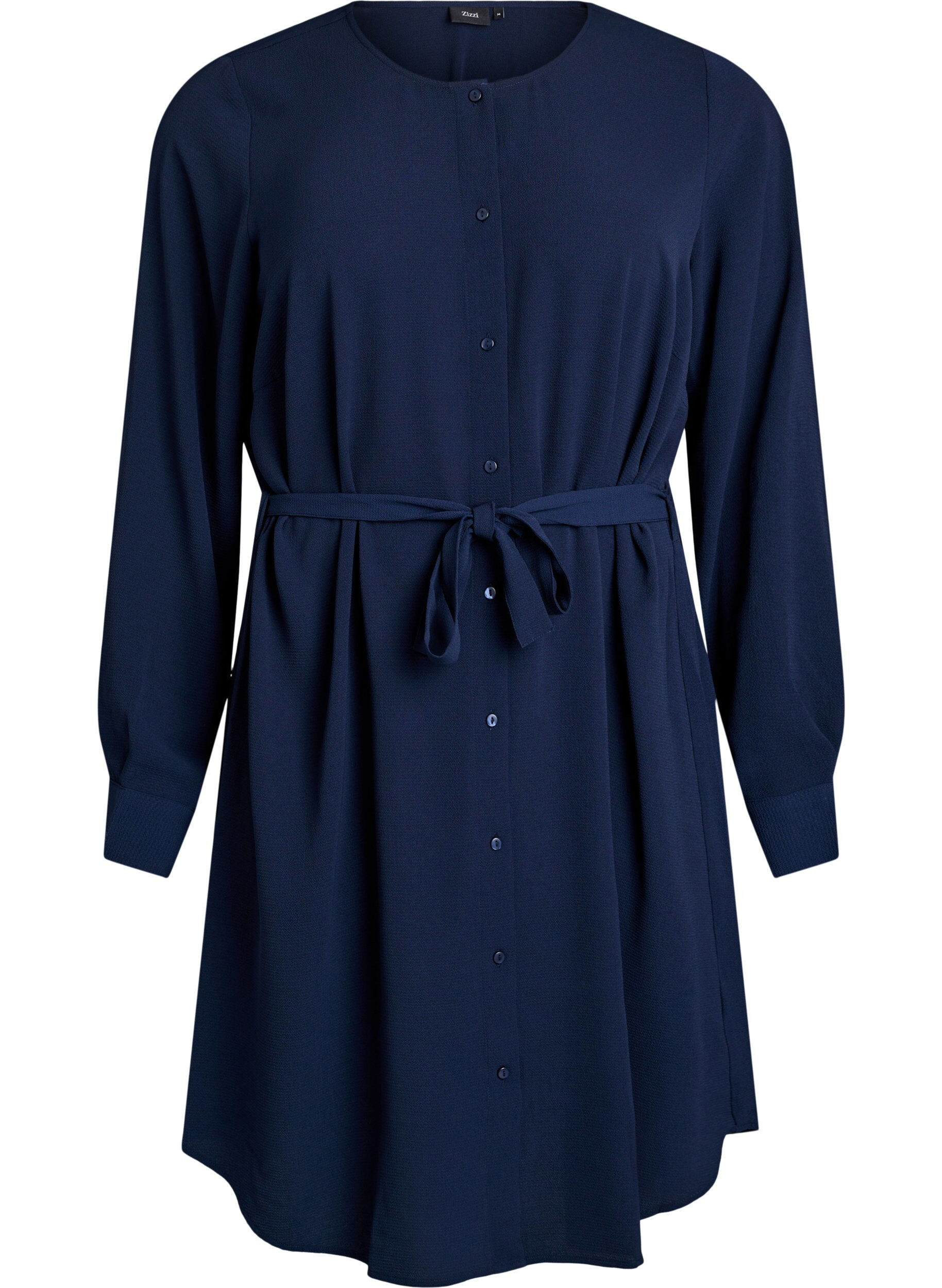 Long-sleeved shirt dress with tie belt