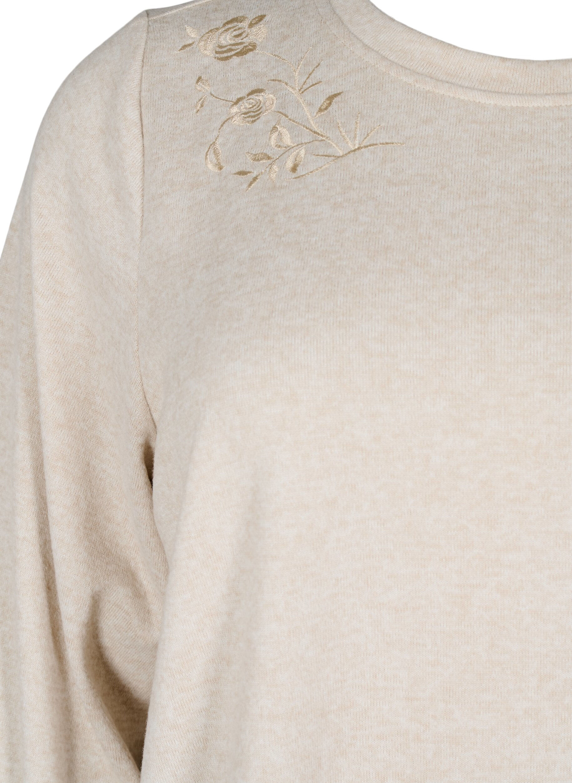 Zizzifashion Blouse with floral embroidery and 3/4 sleeves, Oatmeal Melange, Packshot image number 2