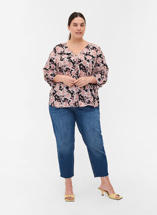 Floral viscose blouse with 3/4 sleeves, Black Flower AOP, Model image number 2