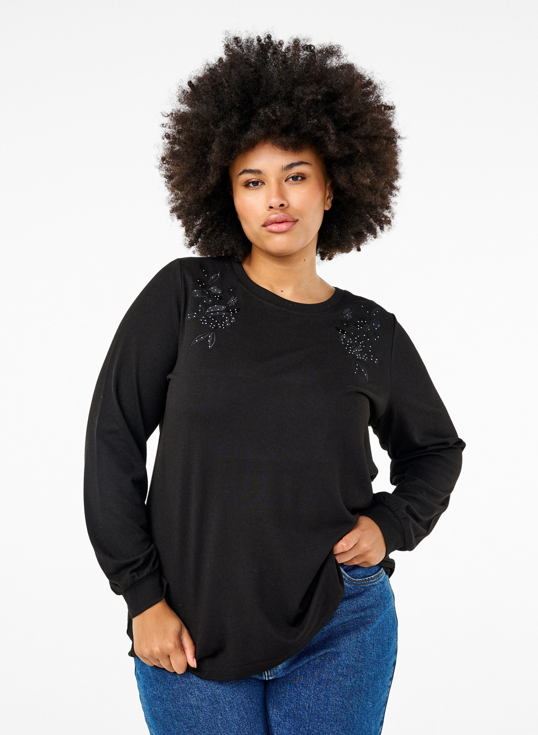 Zizzifashion Blouse with embroidery and rhinestones, Black, Model image number 0